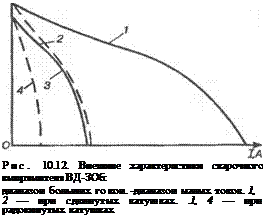 Подпись: Рис. 10.12. Внешние характеристики сварочного выпрямителя ВД-ЗОб: диапазон больших го кои. диапазон малых токов. 1, 2 — при сдвинутых катушках. .1, 4 — при радокинутых катушках 