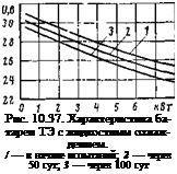 Подпись: Рис. 10.37. Характеристика ба- тарен ТЭ с жидкостным охлаждением. / — в начале испытаний; 2 — через 50 сут; 3 — через 100 сут 