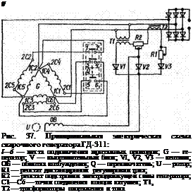 Подпись: V Рис. 37. Принципиальная электрическая схема сварочного генератора ГД-311: I—6 — места подключения монтажных проводов; G — ге-нератор; V — выпрямительный блок; VI, V2, V3 — вентили; ОБ — обмотка возбуждения; Q — переключатель; U — ротор; R1 — реостат дистанционной регулировки тока; R2 — реостат подстройки электродвижущей силы генератора; С1—С6 — точки соединения концов катушек; Т1, Т2 — трасформаторы напряжения и тока 