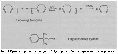 подпись: 
рис. 4.6. примеры пероксидных отвердителей. для пероксида бензоила приведена реакция распада
